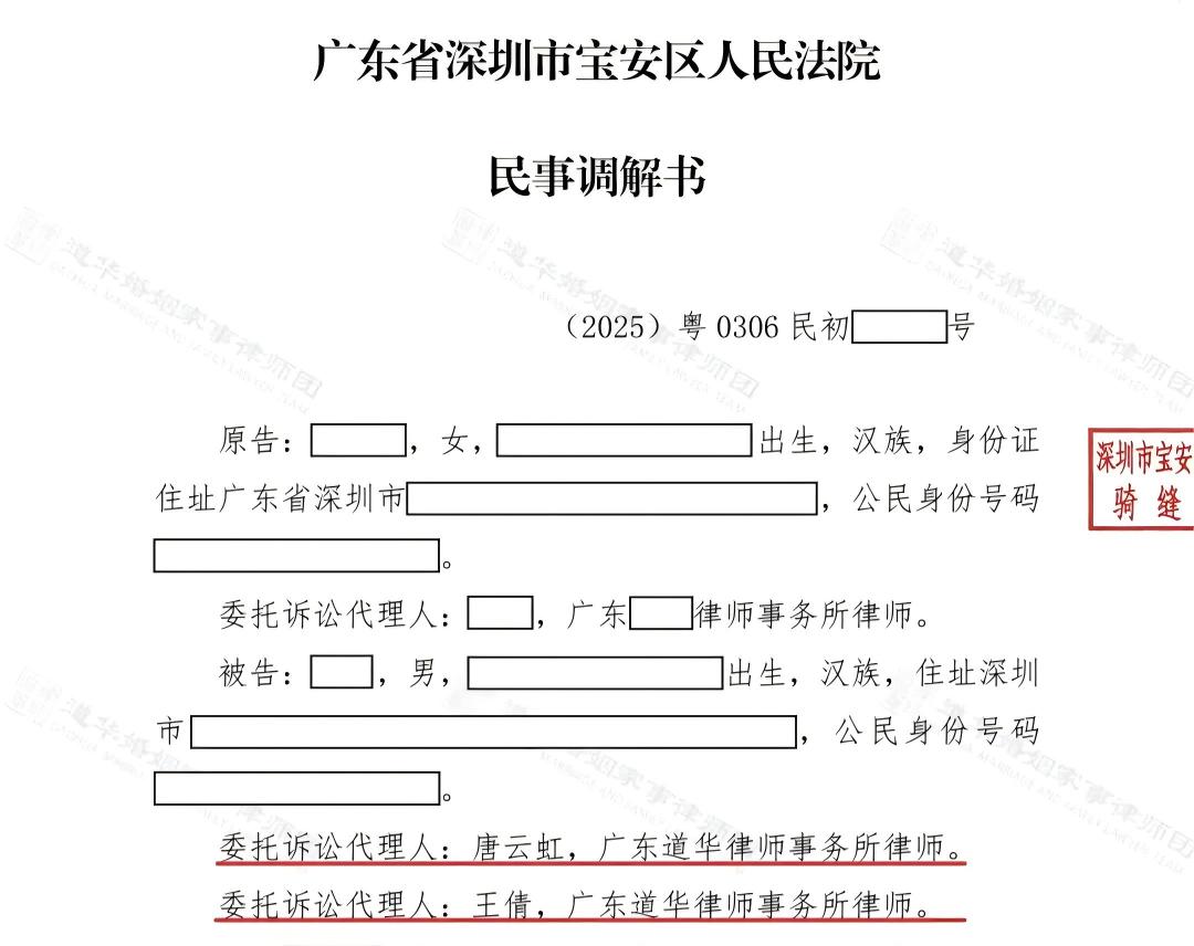 宝安法院离婚案，双方因抚养费标准、支付期限僵持。道华唐云虹律师全程代理，精准沟通促成当庭调解，依法确定合理抚养费。